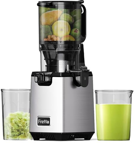 Fretta Exprimidor de Prensado en Frío,Gran Apertura de 5.3 Pulgadas,para Verduras y Frutas Enteras,1.6L Fácil de Limpiar,sin BPA,250W Máquina Extractora Automática,Acero Inoxidable (Steel Silver)