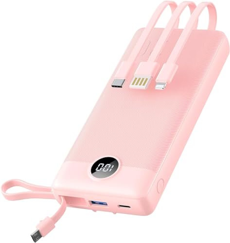 VRURC Power bank, Caricabatterie portatil da 20000mAh a ricarica rapida, tre cavi Micro e USB C integrati, 4 uscite e 2 ingressi Display LED Banco di ricarica per iPhone, Android ecc-Rosa