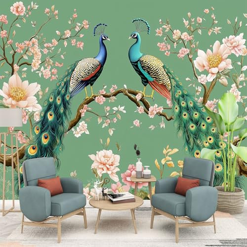 Art Fototapete Tapete Chinesischer Pfau Mit Pflaumenblüte Vlies Tapeten Grün 150 x 105 cm Wandtapete Wohnzimmer Schlafzimmer Study Wohnzimmer Restaurant Cafe Dekoration