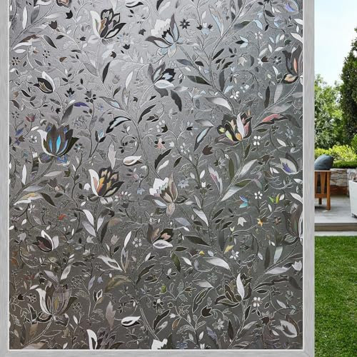LEMON CLOUD Film pour Fenêtre D'occultation Non Adhésif - Statique Anti-UV pour Vitre Répétable, Motif de Tulipe Gris-Noir (75x200cm)