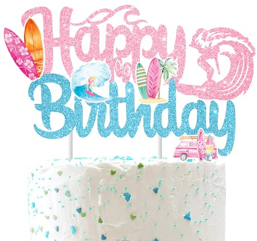 Pink Surf Birthday Cake Topper Glitter Surfing Birthday Party Decorations Surfs Up Party Decorations for Girls Summer Hawaii Surf Party Supplies