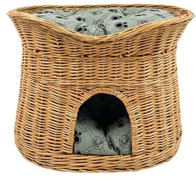 Katzenkorb zum Schlafen – Katzenhütte Indoor – Größe L: 60 cm oval – Katzenhöhle aus Weide – Zweistöckiger Hunde – oder Katzenbett mit waschbaren Kissen in Graue – Natürliche Korbfarbe