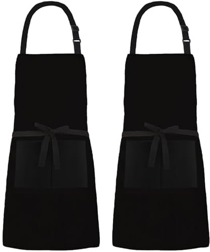 XIEJINJIA 2 Piezas Delantales Gruesos de Lona Resistente al Agua Ajustables con 2 Bolsillos Hombres y Mujeres Delantal de Cocina para Hornear Cocinar Restaurante Jardín Negro