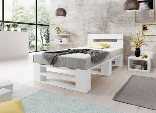 Lermowood Palettenbett M2 aus Holz 100 x 200 cm Weiß mit Kopfteil Holzbett 30cm Stabiles Seniorenbett Kinderbett Jugendbett Gästebett erhöhtes Einzelbett Bettgestell Futonbett Komforthöhe Naturholz