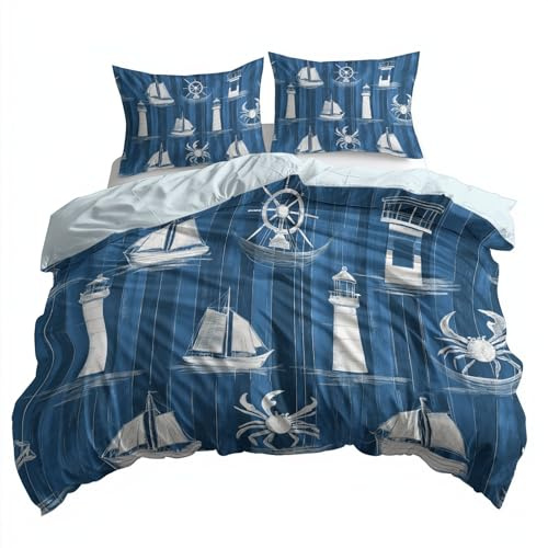 CozyRest Bettwäsche 135 x 200 cm Gekritzel nautisch Schiff Leuchtturm krabbe Wendebettwäsche Set Superweiches Deckenbezug Hellblau Bettbezug mit Reißverschluss und 2 Kopfkissenbezug 80 x 80 cm