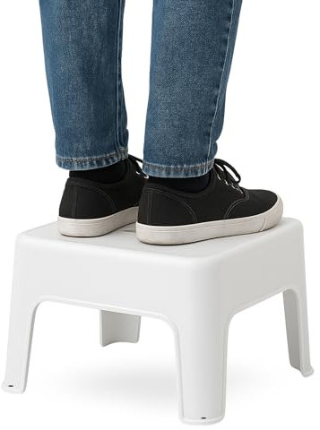 TECHZOCO Taburete de Plástico, Taburete Ligero apilable, Banqueta Multiusos, Escalon Multiusos, Diseño bajo, Soporta hasta 150Kg, 28.5 cm Altura x 44 cm Ancho, Color Blanco