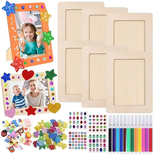 6 Stück Bilderrahmen zum Bemalen, 15x20cm Holzbilderrahmen zum Bemalen, Kinder Bilderrahmen Bastelset mit Glitter SchaumSticker, Glitzersteine, Farbpinsel, Kunstharzschmuck für DIY Handwerk Fotorahmen
