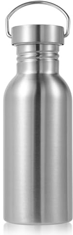 Volhoply 600ml Uninsulated Single Walled Water Bottle, Stainless Steel Reusable Water Bottles with Handle, BPA Free & Plastic Free 18/8 304 Metal Water Bottles for Camping, Hikers, Cyclists