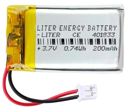 Battery 401833 LiPo 3.7V 200mAh 0.74Wh Rechargeable Connector PH2.0 (JST-PHR-02) Type B Lithium: Ensure the device polarity matches the battery 35x18x4mm (PH2|200mAh|401833)