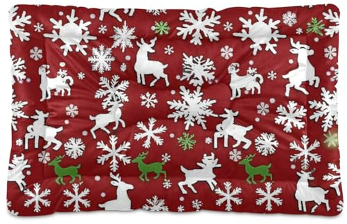 EtherSpher Frohe Weihnachten Schneeflocke Hirsch weiß rot waschbare Hundeschlafen-Matratze weiche rutschfeste Hundebox Pad für große Jumbo-mittelgroße und kleine Hunde, 91,4 x 61 cm