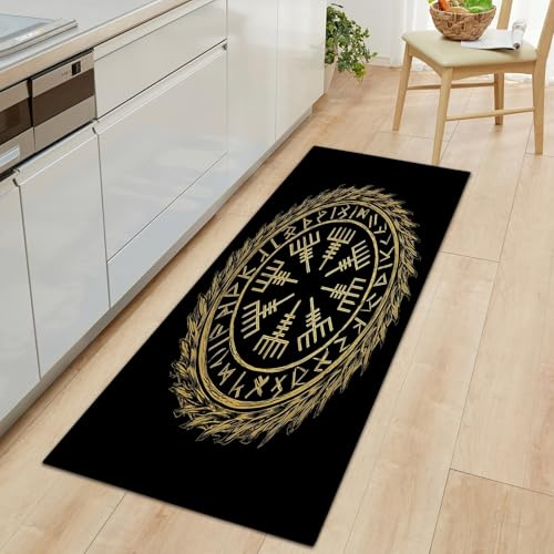 Teppich Läufer 60 x 180 cm, Nordischer Stil Teppichläufer Flur rutschfest Waschbar Küchenläufer, Wikinger Nordisch Mythologie Krieger Küchenteppich Läufer für Flur Küche Schlafzimmer Wohnzimmer
