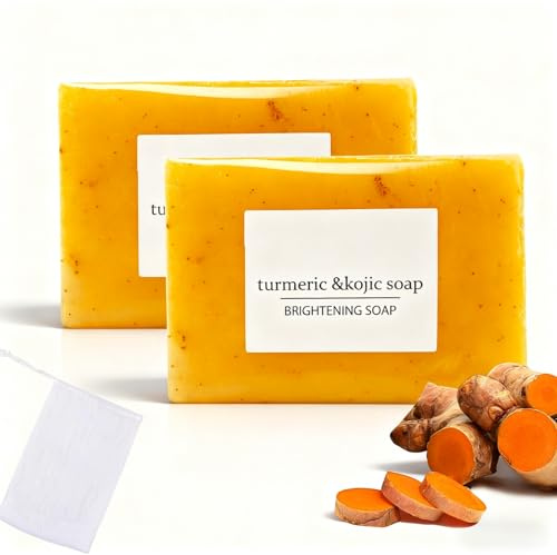 2PCS Turmeric & Kojic Acid Soap with Foaming Nets, Dark Spot Remover for Face and Body, Natural Soap Bar for Even Skin Tone, Pore, Dark Spots, Smooth Skin, Gentle Brightening Face Wash, Deep Cleansing