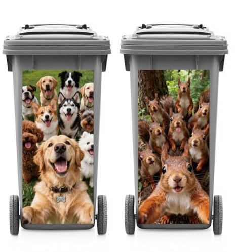 ANATTASOUL 2Pcs Animal Group Selfie Wheelie Bin Sticker for Bins Decorative | Waterproof,Dustbin Cover,14.9x 32.2,Adhesive,Large,Funny Decal for Bins, Fridge, Wall, Garden Outdoor, Indoor Decoration