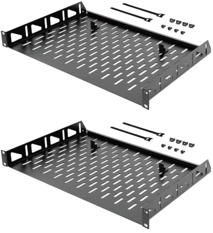 Tecmojo 19 Zoll 1HE 304,8mm Tief Fachboden zum Festeinbau, Befestigung Vorne, mit Anti-Rutsch-Stoppern, Server- und Netzwerk-Rack-Regal, 25kg Traglast, 2 Stück, Schwarz
