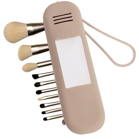 Silicone Makeup Brush Holder with Mirror, Waterproof Travel Cosmetic Bag with Zipper for Brushes, Lipstick, Toiletries | Eco-Friendly Organiser (Khaki)