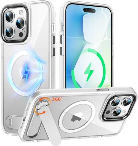 [360° Drehbarer Metallständer] Handyhülle für iPhone 14 Pro Max, MagSafe Kompatibel, Militärisch Stoßfest & Überstehende Kanten, Magnetischer Kickstand, Transparente PC-Hartschale mit weißem Rahmen