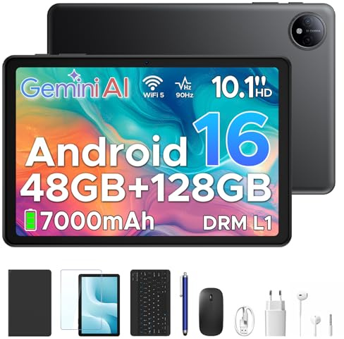 Luzglo P10 Android 16 Tablet 10 Pollici, 48GB RAM+128GB ROM/2TB TF, Gemini AI, 90Hz, 7000mAh, WiFi 5, Face ID, OTG, Jack 3,5 mm, Widevine L1, Tablet con Tastiera e Penna, Nero