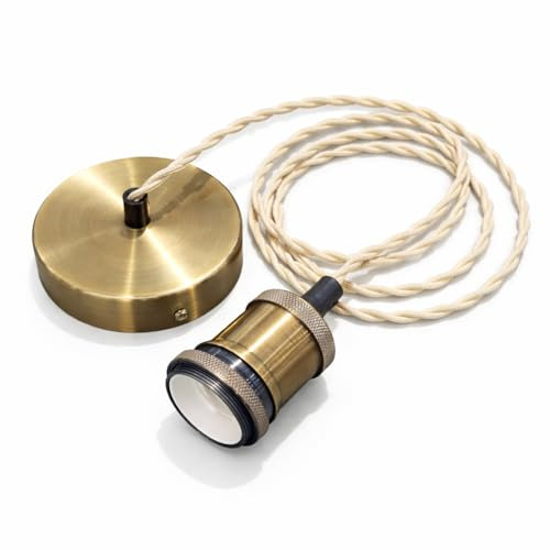 CGC Lighting Indoor Ceiling Adjustable Suspended Pendant and Matching Ceiling Rose Light Fitting E27 Lamp Holder (Antique Brass & Off White Twisted)