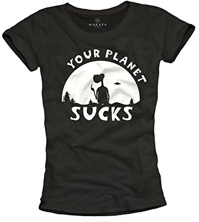 Coole Geek T-Shirts mit Aufdruck Your Planet Sucks schwarz Damen Größe L