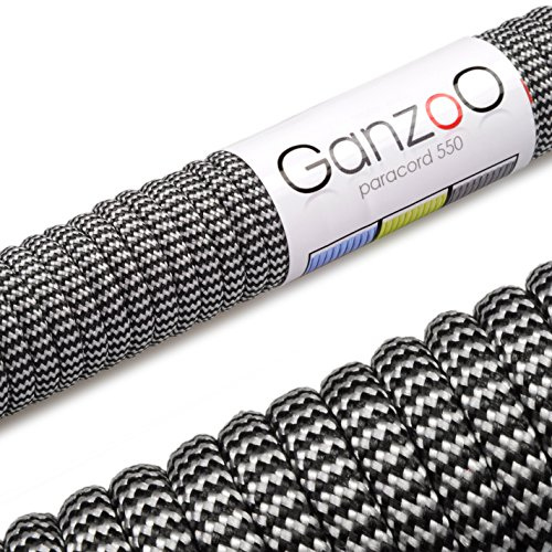 Ganzoo Paracord 550 Seil, Nylon-Polyester, 4mm, Typ 3, 30 Meter, 7 Kernstränge, Outdoor-Schnur, Allzweck-Seil, Hundehalsband, Hundeleine, Armband knüpfen, Camping, Survival - schwarz weiß