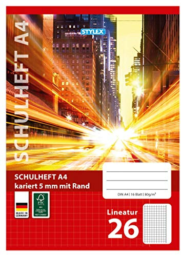 Stylex 29826-P25 - Schulheft, kariert, DIN A4, 16 Blatt mit 80 g/m² Grammatur, Außenrand, 25 Stück, Lin 26