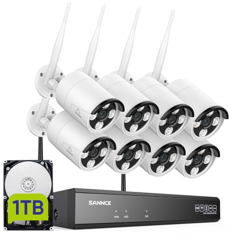 SANNCE Wireless CCTV Camera System, 10CH 5MP WiFi NVR, 4x 3MP Outdoor Metal Surveillance Security IP Cameras, Works with Alexa, One-Way Audio, P2P & AI Human Detection, 1TB HDD