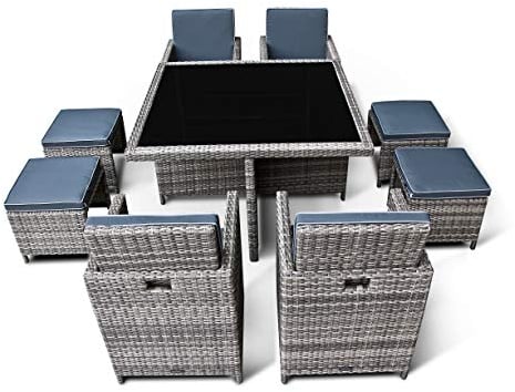 Ragnarök PolyRattan - DEUTSCHE Marke - EIGENE Produktion - Gartenmöbel Essgruppe Tisch 4 Stuhl 4 Hocker 12 Polster Grau Rostfrei Aluminium Doppelhabrund