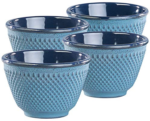 Rosenstein & Söhne 4 Tasses à thé Style Arare Japonais en fonte teinté Bleu émaillé à l'intérieur