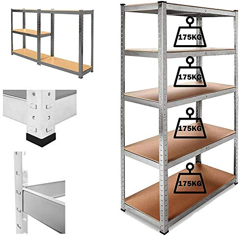 Lagerregal, Schwerlastregal mit 5 Regalböden, Werkzeugregal, Garage, Keller, Gartenlaube, Stecksystem ohne Schrauben, Gestell aus Stahl, bis 875 kg Traglast 180x90cmx40cm - Verzinkt