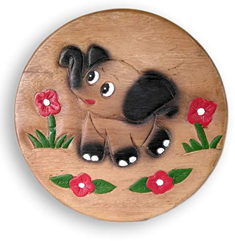 ART-CRAFT Vielseitiger Kinderhocker Holzhocker rund aus Massivholz Tiermotiv Elefant Blume mit vielen Einsatz Möglichkeiten