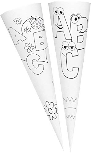 alles-meine.de GmbH 10 Stück Schultüten - Rohling/Bastelschultüte zum Bemalen - ABC - lustige Buchstaben - 50 cm - OHNE Tüll/Filz Abschluß - rund - Tüllabschluß - Zuckertüt..