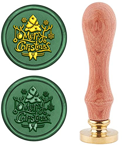 craspire Wachs-Siegel-Stempel Frohe Weihnachten, Schnee Siegellack Stempel Weihnachtsbaumgeweih Retro Holzstempel Wachssiegel 25 mm Abnehmbar Messingkopf Holzgriff Für Party Einladung Umschlag