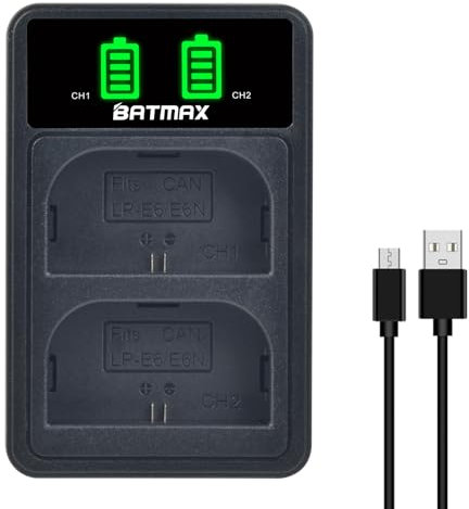 Batmax Slim LCD Dual USB Battery Charger for Canon LP-E6, LP-E6N and Canon EOS 5D Mark II/III, 5DS, 5DS R, 6D, 7D, 7D Mark II, 60D, 70D Camera Batteries
