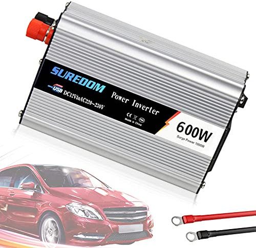 Inversor Onda Pura,Transformador 300W/500W/600W/800W/1000W/1200W/1500W/2000W DC 12V A AC 220V,con Tomas y USB Encendedor de Coche,para Autocaravana en casa,12V/110V-600W