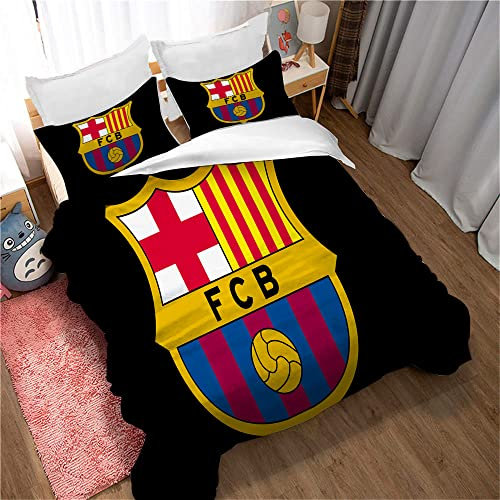 CHAOSE-DEB 3-teiliges Bettwäsche-Set 120 Fadenzahl Fußballmannschaft FC Barcelona Bettbezug Herbst Winter Mikrofaser 2 Kissenbezug (Muster 01,135 x 200 cm)