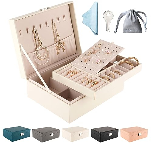 Jewellery Organiser, 2 Layer PU Leather Jewellery Box with 2 Key, Jewelry Box for Women, Jewellery storage Organiser for Necklace Earrings Bracelet Ring Accessories