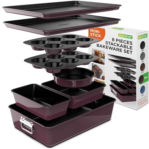 NutriChef Set Padelle Antiaderenti da 8 Pezzi Senza PFOA, PFOS, PTFE, Teglia Torta, Pane, Muffin, Padelle Larghe/Quadrate, Teglia Biscotti, Prugna