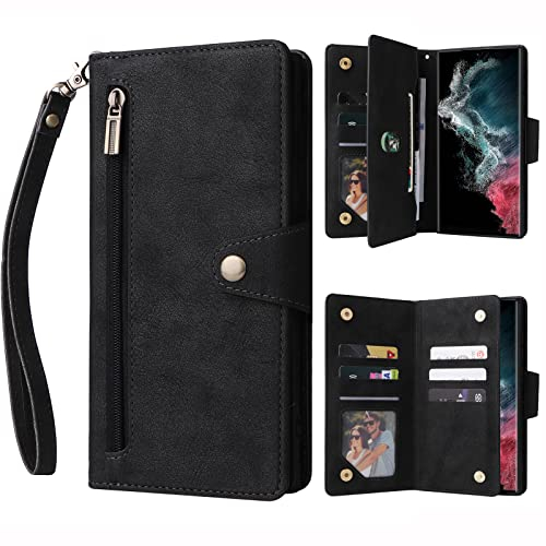 ATISIJIE Hülle klappbar für Samsung Galaxy S23 Ultra Handyhülle mit Kartenfächer, Reißverschluss Geldbörse Trageband Lederhülle Schutzhülle, Magnetic Flip Cover Wallet klapphülle Handytasche Schwarz