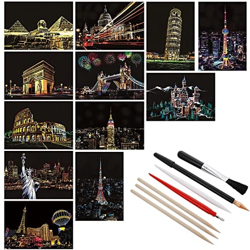 Lusofie Kratzbilder für Kinder 12 Blätter Urban Scratch Paper Magic Scratch Art Papier und Stift Set Schwarzes Scratch Art Papier Kratzpapier für DIY Crafts Home Decor Art Project Games