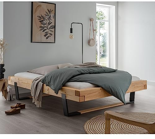 Lomadox Massivholz Doppelbett, 180x200 cm, Fichte massiv, ohne Kopfteil, Schwarze Metallkufen mit Massivholzeinsatz, B/H/T ca. 198/42/228 cm