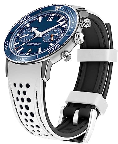 Kai Tian Durable Silicone Bicolore Extrémité Incurvée 20mm Sport Automobile Bracelet En Caoutchouc Blanc (Coutures Noires) Hommes Femmes