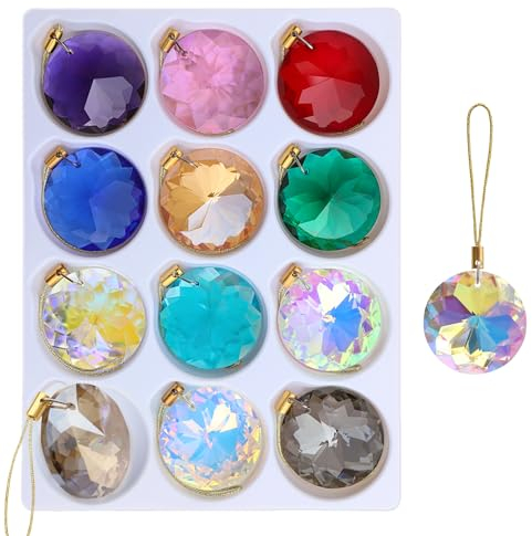 LUMITI 12 Stück Kristallglas-Weihnachtskugeln, 3,8 cm, Mini-Prisma, Blume, Weihnachtsbaumschmuck, hängende Dekoration für Hochzeit, Party, Heimdekoration (Mehrfarbig)