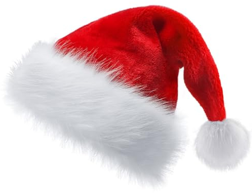 BOOSHMall Cappello Babbo Natale Peluche per Adulti, Cappellini Natale, Cappello in pile con pompon, Rosso Accessori per Costume di Babbo Natale