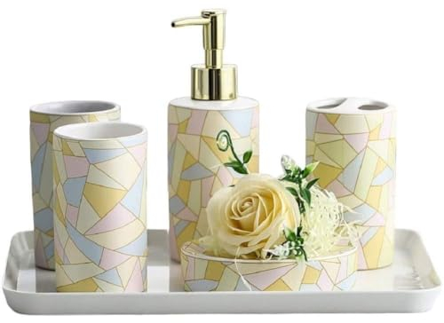 JTBDWOSK 5-Part Bathroom Accessories Set Ceramic Bathroom Set Colored Bathroom Accessories Made of Soap Dispenser Soap Shell Toothbrush Holder And 2X Toothbrush Cup (With Plastic Tray),Yellow