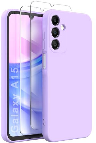 FUNHULLUN Cover Compatibile con Samsung Galaxy A15 con 2 Pezzi Vetro Temperato,Foderata in Microfibra,Morbida Ultra Sottile in Silicone Liquido Antiurto AntiGraffio Protezione Custodia-Viola