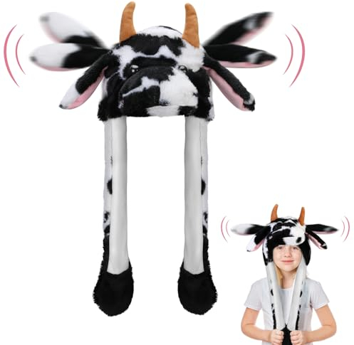 Hifot Kuh Mütze mit Beweglichen Ohren, Plüsch Kuh Mütze mit Wackelohren, Lustige Hüte Warm Kuh Hut mit Ohren Kuh Mütze mit Ohren für Mädchen Damen Halloween Geburtstag Cosplay Geschenk