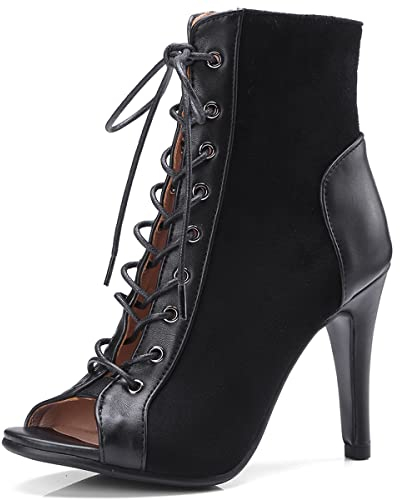 Roimaash 10CM Heels Bujur Dance Schuhe Damen Stiletto Schnüren Stiefeletten Peep Toe Gladiator Sandalen Sexy Party Dress Sandalen Wildleder Black Size 39