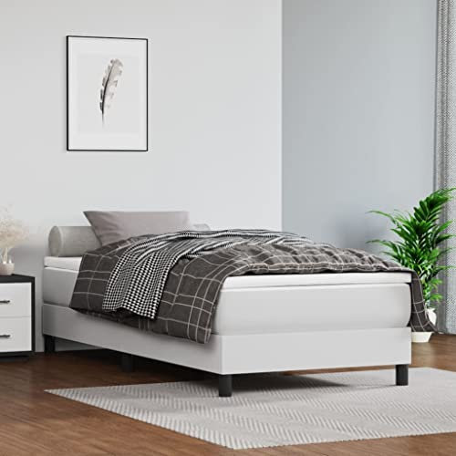 Festnight Boxspringbett 100x200 mit Matratze Einzelbett Kunstleder Bett ohne Kopfteil Bettgestell mit Lattenroste Polsterbett Bettrahmen Boxspringbetten Schlafzimmer Weiß
