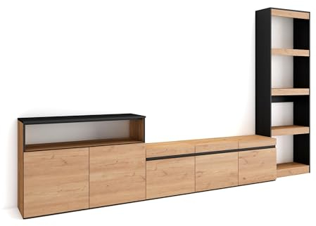 Skraut Home | Ensemble Meuble TV | Meuble Salon Complet | 310x186x35cm | pour Les TV jusqu'à 65 | Salon Complet | Style Moderne | Chêne et Noir