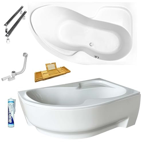 ECOLAM Baignoire d'angle en acrylique asymétrique Wela 170x100 cm droite + tablier en acrylique | Planche en bambou | Pieds siphon silicone Set complet